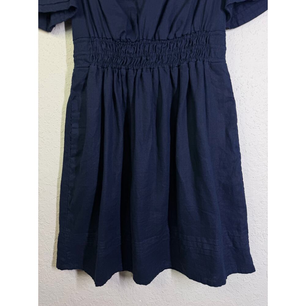 ANTHROPOLOGIE BODEN Dress 8 Linen VNeck Puff Sleeve Elastic Waist Pockets Navy - Picture 7 of 13